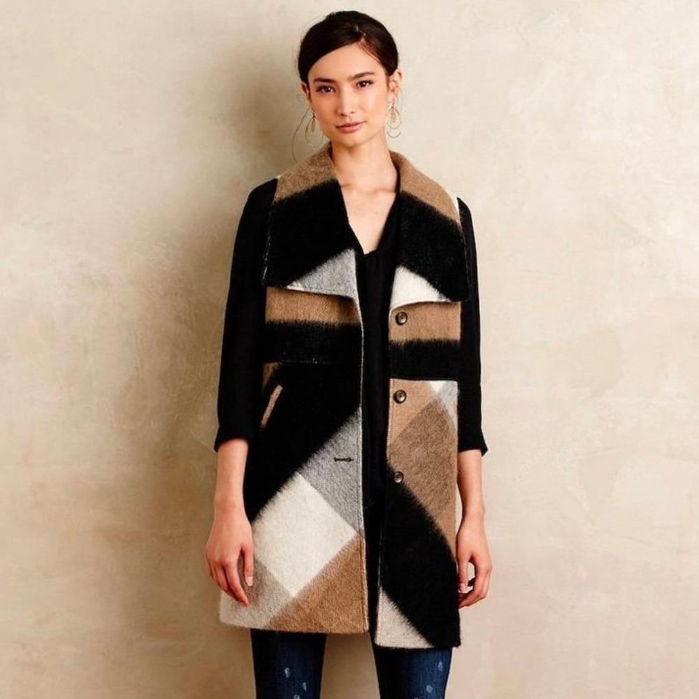 Elevenses by Anthropologie Women's Plaid Wool Sleeveless Long Vest Jacket Sz XS
